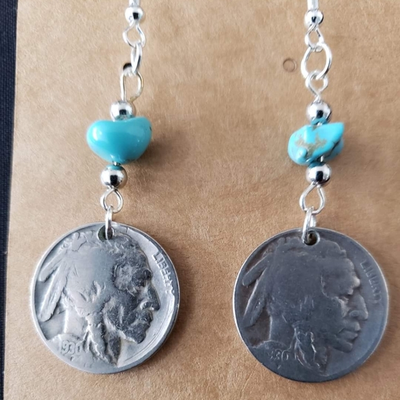 SALE Vintage Genuine Buffalo Indian Head Nickel Turquoise Drop Hood Earrings - Picture 2 of 4